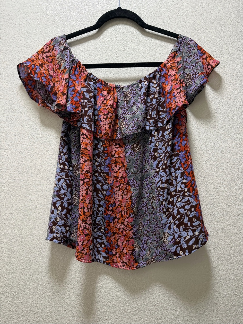 Anthropologie Maeve Floral Off-Shoulder Ruffle Top - Purple & Orange